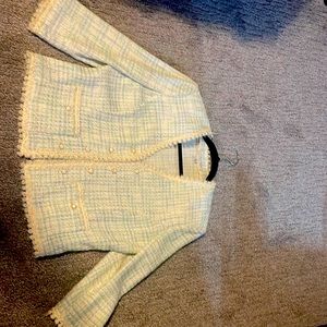 Cream, green, and blue tweed shirt jacket. Pearl and gold buttons.